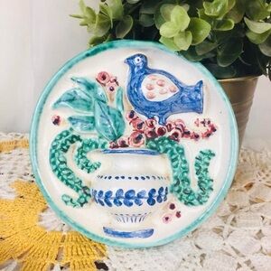 Vintage Ceramic Wall Plaque Hanging Small Round Floral Bird & Vase Scene Blue